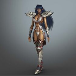  3d armor arshes_nei artist_request bastard!! bastard_online blue_hair breasts cleavage dark-skinned_female dark_elf dark_skin elf female large_breasts photoshop_(medium) pointy_ears solo thighs 