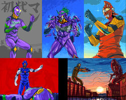  angel_(evangelion) arm_up backlighting black_gloves blue_sky bodysuit building cityscape clothes_writing cloud commentary_request contrail crossover day eva_00 eva_01 eva_02 evening fighting_stance funbolt gloves green_hair helmet house looking_at_viewer metron_seijin neon_genesis_evangelion no_humans oekaki outdoors parody power_lines purple_bodysuit railing red_bodysuit shamshel_(evangelion) skin_tight sky sun sunlight sunset translation_request ultra_series ultraman ultraman_(1st_series) ultraseven ultraseven_(series) village yellow_eyes zoffy_(ultra_series) 