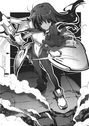  female greyscale highres long_hair monochrome owari_no_chronicle pantyhose satoyasu shinjou_sadagiri shinjou_sadame solo 