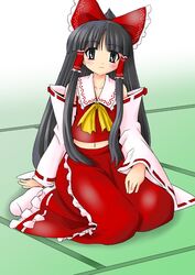  ascot black_hair blunt_bangs blush bow detached_sleeves dotekabocha female hair_tubes hairbow hakurei_reimu long_hair looking_at_viewer navel red_bow ribbon-trimmed_sleeves ribbon_trim sitting skirt smile socks solo tatami touhou 