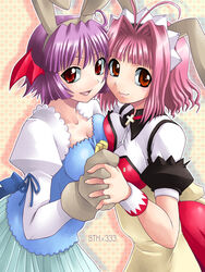  2girls animal_ears breast_press breasts cosplay costume_switch head_wings large_breasts mimimi_(ukagaka) multiple_girls pink_hair purple_hair rabbit_ears symmetrical_docking ukagaka urahara_urako wings yaso_shigeru 