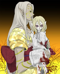  2boys aged_down androgynous artist_request blonde_hair blood bodypaint carrying dual_persona facepaint floral_background gradient_background japanese_clothes kimono kusuriuri_(dark) kusuriuri_(mononoke) lolicon long_hair looking_at_viewer looking_to_the_side makeup male_focus mononoke multiple_boys obi pale_skin pointy_ears princess_carry purple_eyes sash white_hair yellow_kimono 