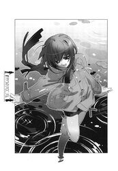  barefoot female greyscale highres long_hair monochrome owari_no_chronicle ripples satoyasu shinjou_sadagiri solo water 