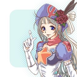  blue_eyes elbow_gloves feathers female flower gloves grey_hair hat highres long_hair opera-tan original os-tan ribbon rose solo temp_h 