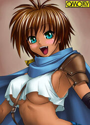  :d armor asura_fantasy_online between_breasts blue_eyes blush breasts brown_hair cape crop_top dark-skinned_female dark_skin detached_sleeves fantasy female kagami_hirotaka large_breasts looking_at_viewer looking_back lowres midriff mira_poular no_bra oerba_yun_fang omc open_mouth pauldrons profile short_hair shoulder_armor sideboob smile solo spiked_hair strap tank_top underboob upper_body watermark 