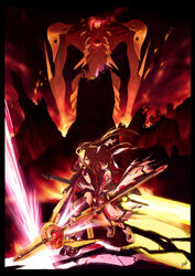  2girls alternate_weapon angel_(evangelion) bardiche_(nanoha) black_thighhighs blonde_hair blood core crossover energy_sword energy_wings fate_testarossa fingerless_gloves giant giant_monster gloves glowing glowing_eyes hair_ribbon highres long_hair lyrical_nanoha magazine_(weapon) magical_girl mahou_shoujo_lyrical_nanoha multiple_girls neon_genesis_evangelion photoshop_(medium) purple_eyes raising_heart red_eyes red_hair ribbon ruins sachiel_(evangelion) science_fiction skirt sword takamachi_nanoha thighhighs torn_clothes twintails wadatsumi_garland weapon white_devil wings you_gonna_get_raped zettai_ryouiki 