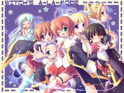  6+girls braid cauldron_(majokko) ellene_sylvana komatsu_eiji magic majokko_a_la_mode milky_milkcock multiple_girls one_eye_closed rydia_arsenal school_uniform seven_(majokko) silvia_aizetto smile soleil_brilliant thighhighs wand 