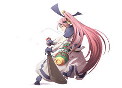  asuka_(fuurai_no_shiren) female fuurai_no_shiren gloves hakama hakama_skirt japanese_clothes long_hair looking_back pink_eyes pink_hair ponytail satomi_(black_scarecrow) skirt smile solo white_background 