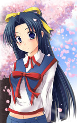  aqua_eyes bad_link blue_hair blush bow cherry_blossoms cloud crop_top day female hair_ribbon high_collar long_hair looking_at_viewer mamoru-kun_ni_megami_no_shukufuku_wo! midriff nagami_yuu navel outdoors parted_bangs petals pleated_skirt ribbon school_uniform skirt sky solo takasu_ayako tree 