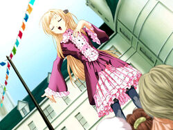  blonde_hair dress female game_cg music patricia_(princess_maker_4) photoshop_(medium) princess_maker_(series) princess_maker_4 singing solo_focus tenhiro_naoto thighhighs 