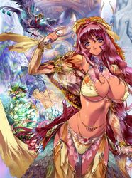  belly_chain bird bracelet breasts covered_nipples dark-skinned_female dark_skin detached_sleeves female flower jewelry large_breasts lion long_hair midriff navel necklace original panties pendant pink_hair purple_eyes q_azieru see-through solo standing statue underwear very_long_hair 