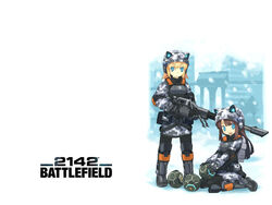  2girls battlefield_(series) battlefield_2142 camouflage gun helmet highres multiple_girls non-web_source pantyhose photoshop_(medium) rifle soldier tanaka_(cow) weapon 