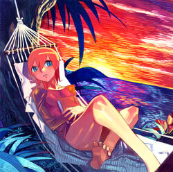  :d bare_legs barefoot blue_eyes collarbone dress evening feet female hammock horizon looking_at_viewer luna_(mujin_wakusei_survive) lying mujin_wakusei_survive ocean omake3213 on_back open_mouth orange_hair red_dress shore short_hair smile soles solo sun sunset thighs toes water 