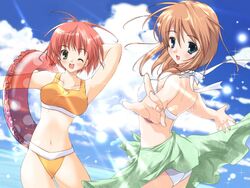  2girls beach bikini blue_eyes brown_hair cloud day green_eyes green_sarong innertube komorebi_no_namikimichi multiple_girls one_eye_closed outdoors print_sarong red_hair sarong sky smile swim_ring swimsuit yukizakura_himeno yukizakura_momiji yuuki_mitsuru 