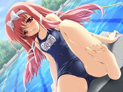  barefoot blush dutch_angle endou_ifrina feet female figu@mate game_cg hair_ribbon long_hair mitsuki_mantarou name_tag one-piece_swimsuit photoshop_(medium) pink_hair red_eyes ribbon school_swimsuit sitting soles solo swimsuit wet 