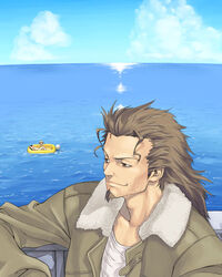  1boy 2girls arms_behind_head bikini black_hair blonde_hair boat cloud crossed_legs day facial_hair fur_trim goatee grey_eyes grey_hair ichijou_eika inflatable_boat jacket leather leather_jacket light_smile long_hair long_sleeves looking_to_the_side lying male_focus multiple_girls ocean on_back open_clothes open_jacket outdoors partially_submerged photoshop_(medium) sakurano_otoha satou_atsuki shirt sky sky_girls smile solo_focus sparse_stubble stubble swimsuit tougou_souya water watercraft 