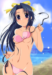  bikini blue_eyes blue_hair blush day female long_hair mamoru-kun_ni_megami_no_shukufuku_wo! nagami_yuu pink_bikini ribbon solo swimsuit takasu_ayako undressing 