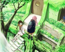  2girls backpack bag boots brown_hair day doorway feline flower frills green_theme long_hair multiple_girls nature original outdoors overgrown pink_hair plant ribbon scenery sitting sitting_on_stairs stairs tree treehouse vines water waterfall yohsuke_(kanoto_yousuke) 