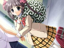  bag beside_~shiawase_wa_katawara_ni~ blush braid brown_hair clothes_pull female game_cg hanaori_koyomi long_hair mizushiro_takuya pantyhose shirt_pull skirt solo_focus twin_braids 