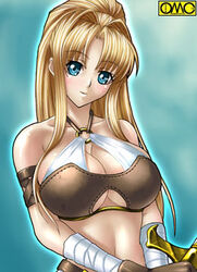  aqua_background armband asura_fantasy_online bandages bare_shoulders belt blonde_hair blue_eyes blush breasts cleavage cleavage_cutout clothing_cutout crop_top fantasy female gloves glowing hair_intakes head_tilt high_ponytail holding kagami_hirotaka large_breasts leather lisfia_marsenal long_hair looking_at_viewer lowres midriff navel o-ring o-ring_top omc parted_bangs ponytail sidelocks smile solo sword underboob upper_body watermark weapon 