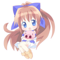  blue_eyes blush blush_stickers boots brown_hair chibi female hair_ribbon holding japanese_clothes long_hair mirai_(sugar) nagasarete_airantou open_mouth pig ponytail ribbon sitting skirt solo suzu_(nagasarete_airantou) thighhighs tonkatsu_(nagasarete_airantou) very_long_hair 