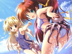  2girls :o aoi_sora_no_neosphere aqua_eyes armpits ass ass_grab bikini blonde_hair blue_one-piece_swimsuit blush breasts cloud covered_navel cowboy_shot day duplicate dutch_angle earrings elincie_yerthrop from_side front-tie_bikini_top front-tie_top gradient_hair hair_ornament hair_ribbon high_ponytail hoop_earrings jewelry jpeg_artifacts komatsu_eiji leaning_forward long_hair long_pointy_ears looking_at_viewer looking_back looking_down multicolored_hair multiple_girls nanoca_flanka ocean octopus one-piece_swimsuit outdoors outstretched_arm pointy_ears ponytail raised_eyebrows red_eyes red_hair ribbon school_swimsuit sky small_breasts sparkle splashing string_bikini surprised swimsuit thigh_gap thigh_grab very_long_hair wading water white_bikini 