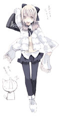  anpan feline female food full_body ganges_gawa giko hair_ribbon kimuraya_anko mouth_hold pantyhose ribbon scarf short_hair solo standing ukagaka white_scarf 