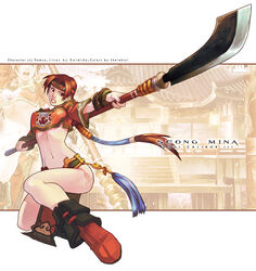  boots breasts character_name collaboration colorized copyright_name female glaive_(polearm) headband kate_niemczyk kheleksul legs medium_breasts midriff navel non-web_source pelvic_curtain photoshop_(medium) polearm red_eyes red_hair seong_mi-na solo soulcalibur soulcalibur_iii weapon 