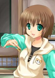  2000s_(style) board_game brown_hair female green_eyes hood hoodie maho_(yakimorokoshi) photoshop_(medium) raglan_sleeves shion_no_ou shogi short_hair solo yasuoka_shion 