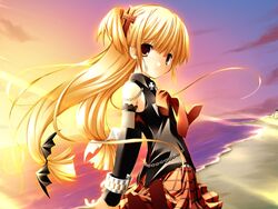  beach blonde_hair brown_eyes chains detached_sleeves female fishnets game_cg goth_fashion karen_(triptych) long_hair nimura_yuuji skirt solo sunset triptych 