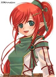  artist_request asura_fantasy_online elf female green_eyes hair_ribbon lowres omc paint.net_(medium) pointy_ears ponytail red_hair ribbon solo watermark 