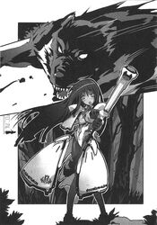  female greyscale highres long_hair monochrome monster owari_no_chronicle pantyhose satoyasu shinjou_sadagiri shinjou_sadame solo 