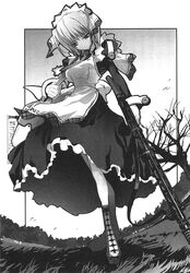  female greyscale gun highres machine_gun maid mg42 monochrome owari_no_chronicle satoyasu sf_(owari_no_chronicle) solo weapon 