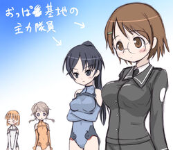  4girls :d arrow_(symbol) bare_shoulders blazer blue_eyes blue_gloves blue_hair blue_leotard blunt_bangs blush breast_envy breasts brown_eyes brown_hair buttons collared_shirt covered_navel cowboy_shot crossed_arms elbow_gloves flat_chest frown fujieda_nanae glasses gloves gradient_background grey_eyes hair_ornament hair_ribbon hairclip half-closed_eyes halterneck high_ponytail ichijou_eika jacket large_breasts leotard long_hair long_sleeves looking_at_another looking_away looking_down looking_to_the_side low_twintails military military_uniform motion_slit multiple_girls necktie open_mouth orange_gloves orange_hair orange_leotard parted_bangs photoshop_(medium) pilot_suit ponytail raised_eyebrows ribbon rimless_eyewear sakurano_otoha shirt short_hair short_twintails silver_hair sketch sky_girls small_breasts smile sonomiya_karen translated turtleneck twintails uniform v_arms white_gloves white_leotard yuuichi_(tareme_paradise) 