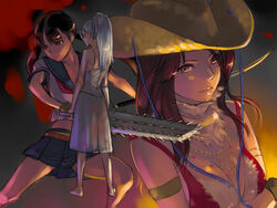  3girls aya_(oneechanbara) barefoot belt bikini bikini_top_only breasts brown_hair cleavage cowboy_hat cowboy_western crop_top dress feet fuchida_kazuhiro grey_hair hat large_breasts long_hair midriff misery_(oneechanbara) multiple_girls oneechanbara photoshop_(medium) ponytail red_eyes saki_(oneechanbara) school_uniform skirt swimsuit sword twintails weapon yellow_eyes 