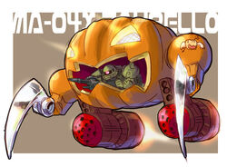  glowing glowing_eyes gun gundam jack-o&#039;-lantern katahira_masashi lights machine_gun mecha missile_pod mobile_armor mobile_suit mobile_suit_gundam no_humans okaasan_to_issho one-eyed parody photoshop_(medium) pumpkin red_eyes robot shoulder_spikes spikes spoo weapon yellow_eyes zakrello zaku zeon 