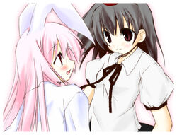  2girls animal_ears blush hat mizuno_minato multiple_girls rabbit_ears reisen_udongein_inaba shameimaru_aya touhou 