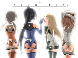  4girls ahoge angry arms_behind_head arms_up ass backlighting bare_shoulders black_hair black_thighhighs blonde_hair blue_eyes blue_gloves blue_leotard blue_thighhighs brown_hair clenched_hand copyright_name cowboy_shot crossed_arms elbow_gloves elise_von_dietrich from_behind gloves green_legwear grey_hair hair_ribbon halterneck hand_on_own_hip high_ponytail highres ichijou_eika leotard lineup long_hair looking_at_another motion_slit multiple_girls orange_legwear orange_leotard pilot_suit ponytail profile red_thighhighs ribbon sakurano_otoha shinozuka_atsuto short_hair simple_background sky_girls sonomiya_karen thigh_gap thighhighs turtleneck twintails very_long_hair white_background white_gloves white_leotard 