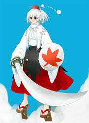  cloud female geta grey_eyes grey_hair hat inubashiri_momiji itsukage long_skirt shield short_hair skirt solo sword tengu-geta tokin_hat touhou weapon 