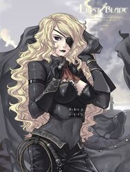  black_lips blonde_hair breasts cigar cleavage covered_navel eika_(artist) eyepatch female first_blade holding holding_clothes holding_jacket jacket large_breasts lipstick long_hair makeup original smoking solo very_long_hair wavy_hair whip 