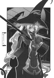  blush broom brynhild_schild feline female gloves greyscale hat highres long_hair monochrome official_art owari_no_chronicle satoyasu solo very_long_hair witch_hat wizard 