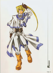  1boy azuma_mayumi belt blonde_hair boots buckle capelet elemental_gelade full_body head_tilt highres knee_boots long_hair male_focus pants photoshop_(medium) robe rowen side_ponytail simple_background solo standing very_long_hair white_background yellow_eyes 