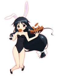  aikei animal_ears bare_legs black_footwear black_leotard bow bowl ear_down eating female full_body holding holding_bowl leotard long_hair low-tied_long_hair machi_(nagasarete_airantou) nagasarete_airantou outer_glow playboy_bunny rabbit_ears red_eyes sidelocks simple_background solo very_long_hair white_background 