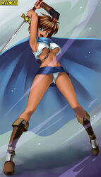  :d armpits arms_up asura_fantasy_online between_breasts blue_eyes boots breasts brown_hair cape clothes_lift crop_top dark-skinned_female dark_skin detached_sleeves fantasy female fighting_stance hair_between_eyes head_tilt holding kagami_hirotaka knee_boots kneehighs large_breasts legs legs_apart looking_at_viewer midriff miniskirt mira_poular navel no_bra oerba_yun_fang omc open_mouth panties pantyshot revealing_clothes shadow short_hair sideboob skirt skirt_lift smile socks solo spiked_hair standing strap sword tank_top tiptoes underboob underwear watermark weapon white_panties wide_hips wind 