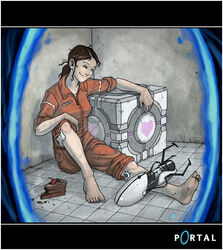  aperture_science_handheld_portal_device aperture_science_weighted_companion_cube barefoot black_forest_cake brown_hair cake cake_slice chell cherry dirty dirty_feet female food fruit heart jesse_mcgibney jumpsuit orange_jumpsuit pastry photoshop_(medium) ponytail portal_(object) portal_(series) portal_1 sleeves_rolled_up smile solo 