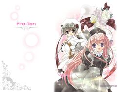  2girls :d apron black_eyes black_hair breasts copyright_name dress flower frills grey_hair hair_ornament hat koge_donbo long_hair looking_at_viewer maid_headdress medium_breasts misha_(pita_ten) multiple_girls open_mouth pink_background pink_hair pita_ten purple_eyes rabbit_hair_ornament rose shia_(pita_ten) simple_background smile sparkle very_long_hair waist_apron 