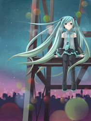  aqua_eyes aqua_hair bare_shoulders beam black_skirt blurry bokeh boots chitose_kiiro construction_site depth_of_field detached_sleeves female green_eyes green_hair hatsune_miku long_hair necktie night night_sky photoshop_(medium) sitting skirt sky skyline solo star_(sky) starry_sky thigh_boots thighhighs twilight twintails very_long_hair vocaloid wind 