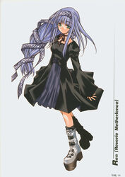  azuma_mayumi black_dress blue_hair boots choker dress elemental_gelade expressionless female full_body green_eyes hair_ribbon hairband highres long_hair long_sleeves photoshop_(medium) reverie_metherlence ribbon ribbon_choker scan solo 