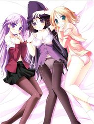  1boy 2girls :3 absurdres black_hair blonde_hair blush bra breasts cleavage crossdressing green_eyes happiness! hat highres kohinata_sumomo ko~cha lingerie long_hair medium_breasts multiple_girls no_pants otoko_no_ko panties panties_under_pantyhose pantyhose purple_eyes purple_hair scan short_hair skirt smile takamine_koyuki underwear undressing watarase_jun windmill_(company) 