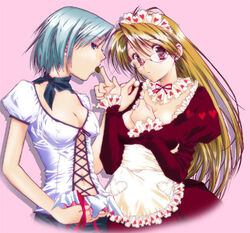  2girls adrian_andrews alternate_costume apron artist_request blonde_hair blue_eyes blue_hair breasts casual chocolate cleavage eating glasses gyakuten_saiban karuma_mei long_hair maid maid_apron maid_headdress medium_breasts multiple_girls navel no_bra open_mouth phoenix_wright:_ace_attorney_-_justice_for_all profile red_eyes short_hair yuri 